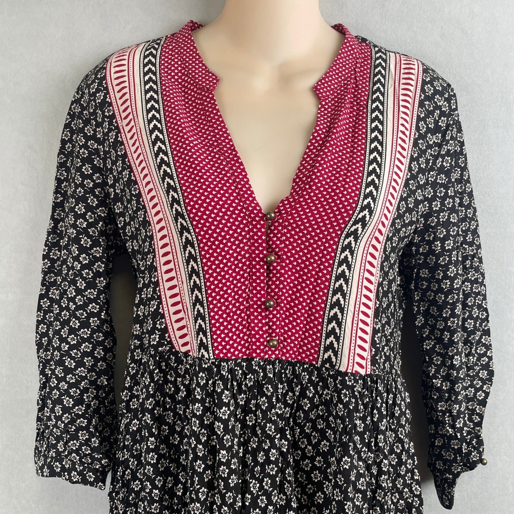 Forever 21 Boho Gypsy Floral Mixed Print V-Neck Mini Dress Black Red Folk S NWT - Picture 2 of 8
